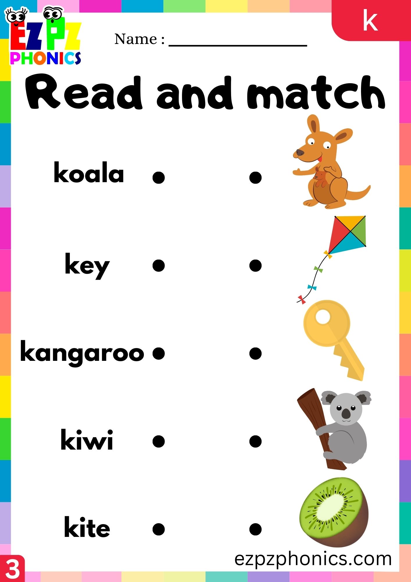 Letter k Read and Match the Images Phonics Activity Group 3